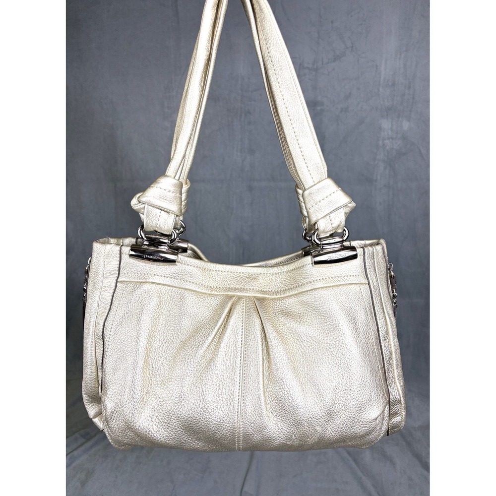 B. Makowsky Champagne Metallic Leather Hobo Shoulder Bag Purse Leopard Lining